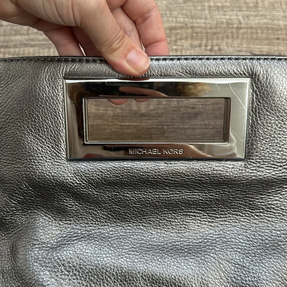 MICHAEL Michael Kors Metallic Grey Leather Top Handle Frame Clutch